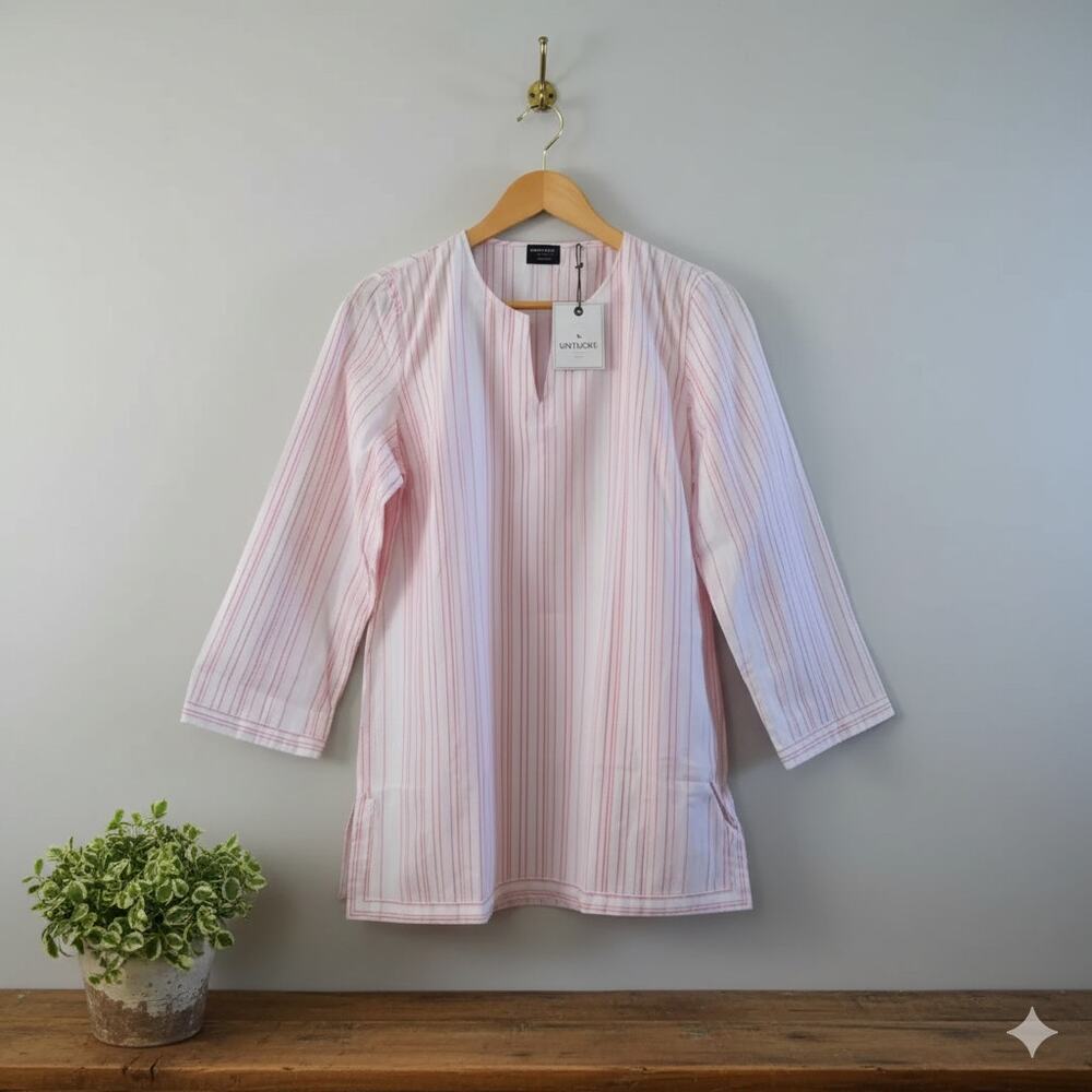 Untuckit New Durfort Cotton Tunic Blouse Top Pink Striped Long Sleeve Size 10